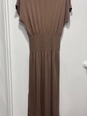 Splendid Brown Smocked-Waist Maxi Dress with two slits on bottom